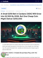 A Small $250 Bet in Cardano (ADA) Will Grow Into $2,500 By 2026, But One Cheap Coin Might Deliver $250,000