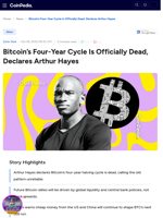 Bitcoin’s Four-Year Cycle Is Officially Dead, Declares Arthur Hayes