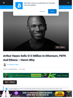 Arthur Hayes Sells $13 Million In Ethereum, PEPE and Ethena - Here's Why