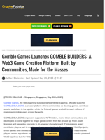 Gomble Games Launches GOMBLE BUILDERS: A Web3 Game Creation Platform Built by Communities, Made for the Masses
