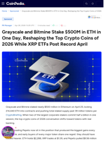 Grayscale and Bitmine Stake $500M in ETH in One Day, Reshaping the Top Crypto Coins of 2026 While XRP ETFs Post Record April