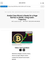 Analyst Says Bitcoin Is Ready for a Huge Bull Run to $600K, Citing Gold’s Trajectory