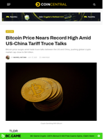 Bitcoin Price Nears Record High Amid US-China Tariff Truce Talks - CoinCentral