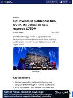 Citi invests in stablecoin firm BVNK, its valuation now exceeds $750M