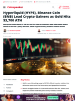 Hyperliquid (HYPE), Binance Coin (BNB) Lead Crypto Gainers as Gold Hits $3,700 ATH - Coinspeaker