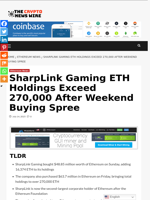 SharpLink Gaming ETH Holdings Exceed 270,000 After Weekend Buying Spree - The Crypto News Wire