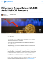 Ethereum Drops Below $3,000 Amid Sell-Off Pressure