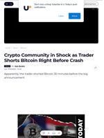 Crypto Community in Shock as Trader Shorts Bitcoin Right Before Crash - U.Today