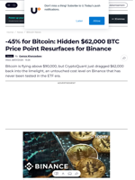 -45% for Bitcoin: Hidden $62,000 BTC Price Point Resurfaces for Binance - U.Today