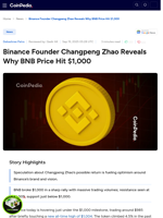 Binance Founder Changpeng Zhao Reveals Why BNB Price Hit $1,000 | Coinpedia