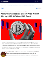 Arthur Hayes Predicts Bitcoin Price Will Hit $1M by 2028 At Token2049 Event