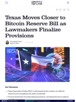 Texas Moves Closer to Bitcoin Reserve Bill as Lawmakers Finalize Provisions