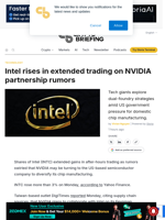 Intel rises in extended trading on NVIDIA partnership rumors