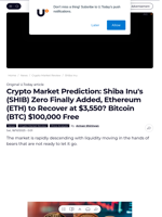 Crypto Market Prediction: Shiba Inu's (SHIB) Zero Finally Added, Ethereum (ETH) to Recover at $3,550? Bitcoin (BTC) $100,000 Free - U.Today
