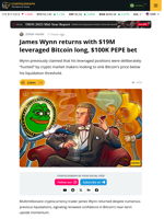 James Wynn Returns with $19M Bitcoin, $100k PEPE Bet
