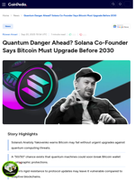 Quantum Danger Ahead? Solana Co-Founder Says Bitcoin Must Upgrade Before 2030