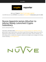 Nuvve Appoints James Altucher to Advise Newly Launched Crypto Subsidiary