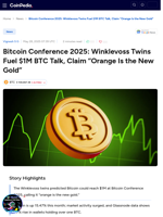 Bitcoin Conference 2025: Winklevoss Twins Fuel $1M BTC Talk, Claim “Orange Is the New Gold”