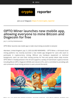 OPTO Miner launches new mobile app, allowing everyone to mine Bitcoin and Dogecoin for free