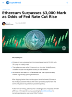 Ethereum Surpasses $3,000 Mark as Odds of Fed Rate Cut Rise