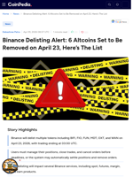 Binance Delisting Alert: 6 Altcoins Set to Be Removed on April 23, Here’s The List