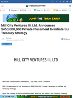 Mill City Ventures III, Ltd. Announces $450,000,000 Private Placement to Initiate Sui Treasury Strategy - TheNewsCrypto
