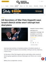 US Secretary of War Pete Hegseth says Israel's Beirut strike won't disrupt Iran deal plans