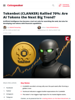 Tokenbot’s CLANKER Jumps 70% as AI Tokens Gain Steam