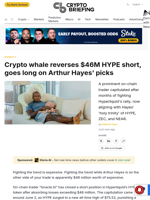 Crypto whale reverses $46M HYPE short, goes long on Arthur Hayes' picks