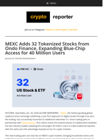 MEXC Adds 32 Tokenized Stocks from Ondo Finance, Expanding Blue-Chip Access for 40 Million Users