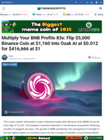 Multiply Your BNB Profits 83x: Flip $5,000 Binance Coin at $1,160 Into Ozak AI at $0.012 for $416,666 at $1