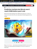Betting Markets Place Bitcoin Price Below $100K for the Rest of 2025