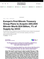 Europe’s First Bitcoin Treasury Group Plans to Acquire 260,000 Bitcoin Worth $24 Billion, 1% of Supply by 2033 - 