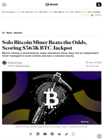 Solo Bitcoin Miner Beats the Odds, Scoring $365K BTC Jackpot - Decrypt