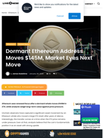Dormant Ethereum Address Moves $145M, Market Eyes Next Move | Live Bitcoin News