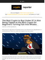 The Best Crypto to Buy Under $1 Is Also Being Tipped as the Best Crypto for Beginners Turning Fish Into Whales