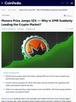 Monero Price Jumps 12% — Why Is XMR Suddenly Leading the Crypto Market?