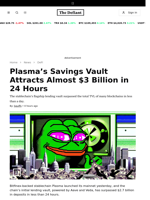 Plasma’s Savings Vault Attracts Almost $3 Billion in 24 Hours - 