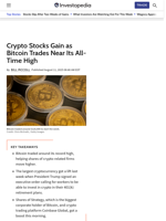 Crypto Stocks Gain as Bitcoin Trades Near Its All-Time High