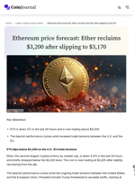 Ethereum price forecast: Ether reclaims $3,200 after slipping to $3,170