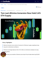 Tom Lee’s Bitmine Immersion Now Hold 3.4% ETH Supply