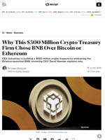 Why This $500 Million Crypto Treasury Firm Chose BNB Over Bitcoin or Ethereum - Decrypt