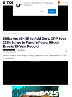 Shiba Inu (SHIB) to Add Zero, XRP Sees 221% Surge in Fund Inflows, Bitcoin Breaks 15-Year Record - U.Today