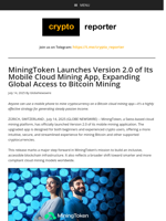 MiningToken Launches Version 2.0 of Its Mobile Cloud Mining App, Expanding Global Access to Bitcoin Mining