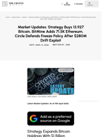 Market Updates: Strategy Buys 13,927 Bitcoin, BitMine Adds 71.5K Ethereum, Circle Defends Freeze Policy After $280M Drift Exploit
