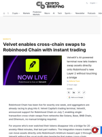 Velvet enables cross-chain swaps to Robinhood Chain with instant trading