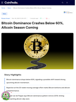 Bitcoin Dominance Crashes Below 60%, Altcoin Season Coming