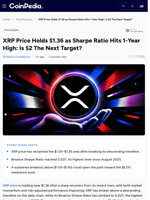 XRP Price Holds $1.36 as Sharpe Ratio Hits 1-Year High: Is $2 The Next Target?