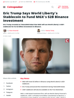 Eric Trump: Stablecoin to Back $2B MGX Binance Deal