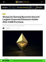 SharpLink Gaming Becomes Second-Largest Corporate Ethereum Holder After $48M Purchase - CoinCentral